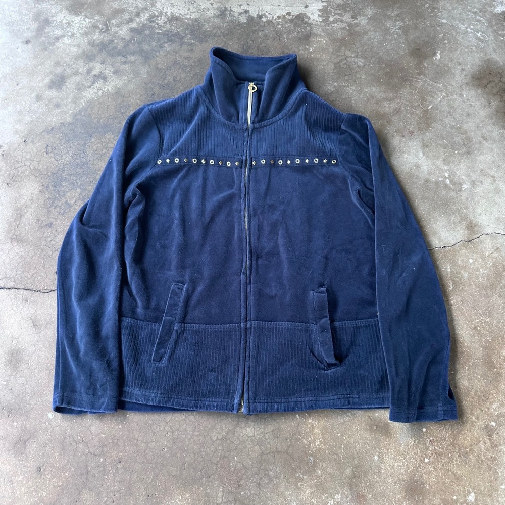 Onque Casual Zip Up Jacket Women Medium Blue Excellent Studded Ribbed Velour